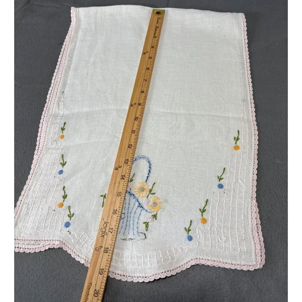 Hand Embroidered Linen Table Runner Flowers & Pink Lace Trim 38x14